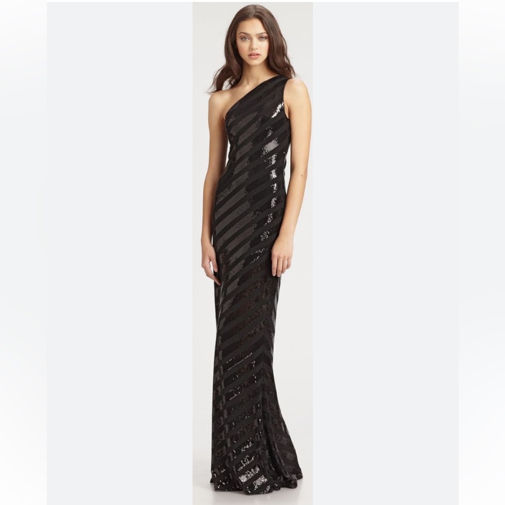 DAVID MEISTER One Shoulder Black Sequin Gown - Picture 1 of 10